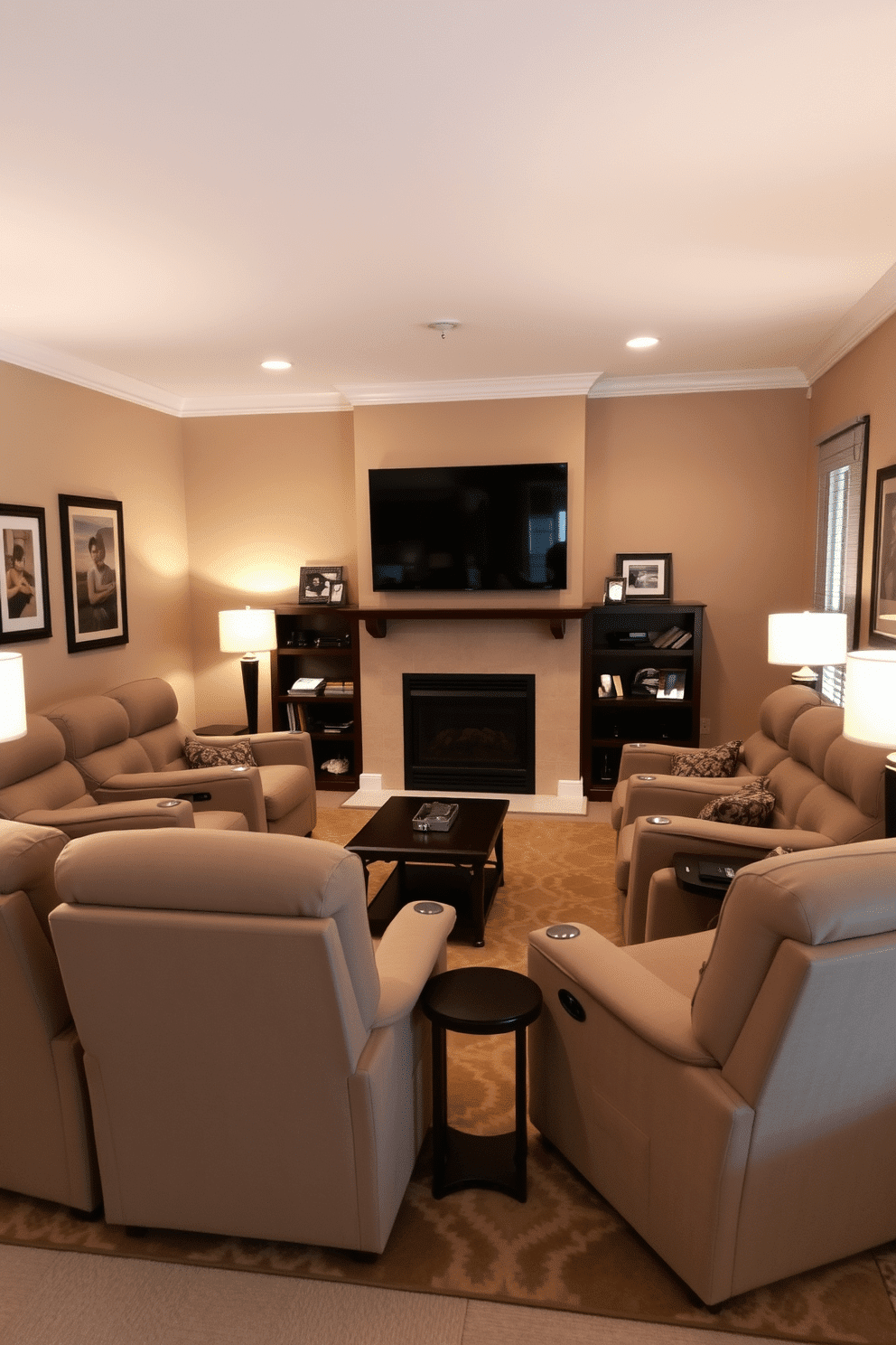 A cozy family room featuring plush recliners arranged in a semi-circle, perfect for movie nights. The walls are painted a warm beige, and a large flat-screen TV is mounted above a modern fireplace, creating a welcoming focal point. Soft ambient lighting is provided by stylish floor lamps placed beside each recliner. A large, patterned area rug anchors the space, while framed family photos adorn the walls, adding a personal touch to the design.