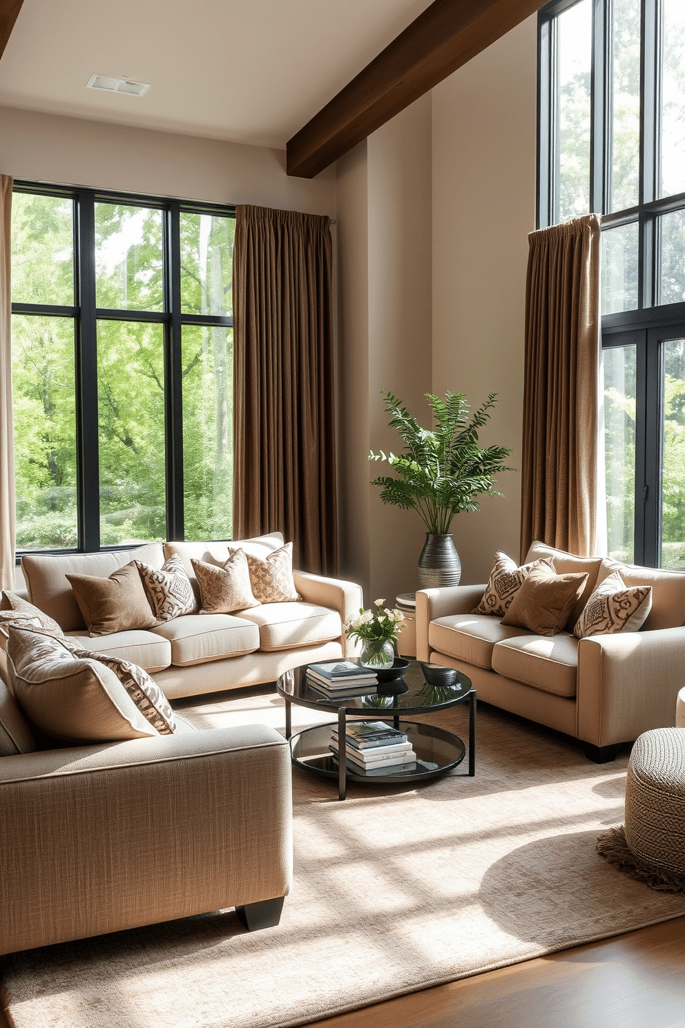 A large family room designed for comfort and warmth features textured fabrics that invite relaxation. Plush sofas in soft, neutral tones are adorned with a mix of patterned throw pillows, creating a cozy yet stylish atmosphere. The room is anchored by a large area rug that adds depth and warmth to the space. Natural light floods in through expansive windows, highlighting the rich textures of the curtains and upholstery.