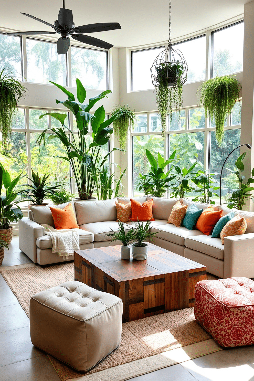 A spacious family room filled with natural light, featuring large windows that overlook a lush garden. The room is adorned with various indoor plants, including tall potted palms and hanging ferns, creating a fresh and vibrant atmosphere. The seating arrangement includes a plush sectional sofa in a neutral tone, complemented by colorful accent pillows. A large coffee table made of reclaimed wood sits at the center, surrounded by stylish ottomans that offer additional seating.