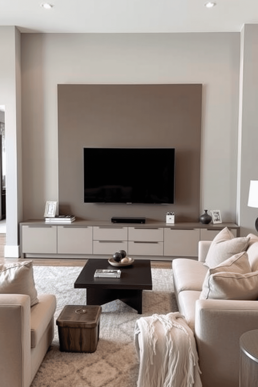 A large family room features a wall-mounted TV positioned above a sleek, modern console that blends seamlessly with the overall decor. Plush seating arrangements in neutral tones surround a stylish coffee table, creating an inviting space for family gatherings and entertainment.