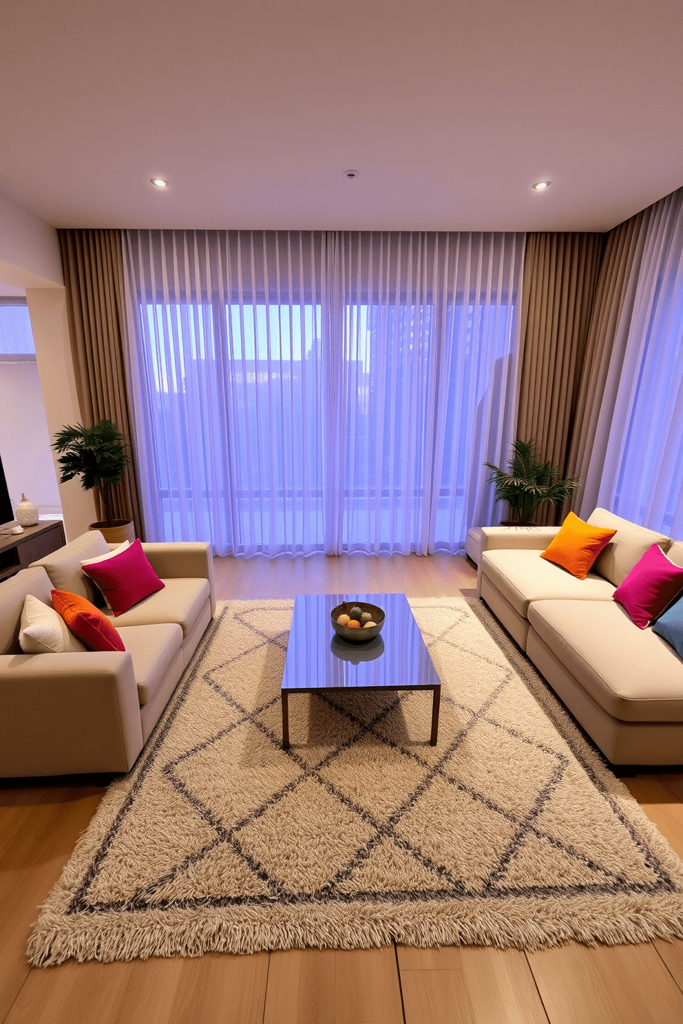 A spacious family room with soft, dimmable lighting creates a warm and inviting atmosphere. The room features a large sectional sofa in a neutral tone, complemented by colorful throw pillows that add a pop of color. A sleek coffee table sits in the center, surrounded by a plush area rug that anchors the seating area. Floor-to-ceiling windows allow natural light to filter in, enhancing the cozy ambiance while sheer curtains provide privacy.