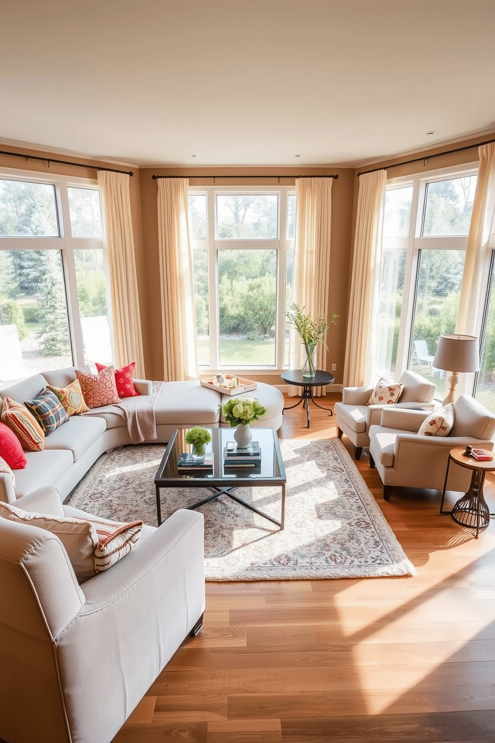 A spacious family room filled with natural light, featuring a large sectional sofa adorned with colorful cushions in various patterns and textures. The floor is covered with a soft area rug that complements the vibrant hues of the cushions, creating a cozy and inviting atmosphere. On one side of the room, a stylish coffee table sits atop the rug, surrounded by plush armchairs that offer additional seating. The walls are painted in a warm neutral tone, and large windows are dressed with light, airy curtains that enhance the room's brightness.