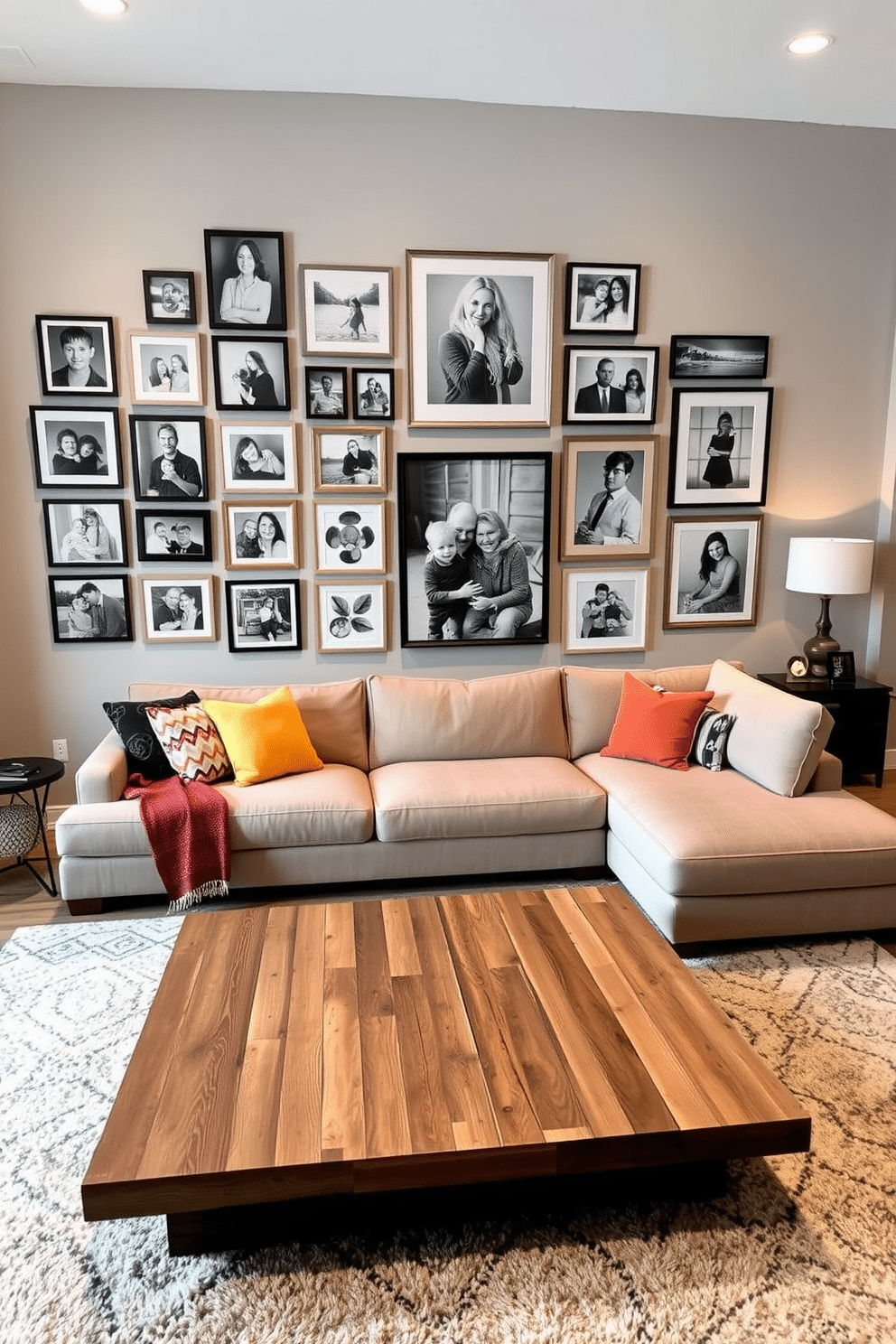 A gallery wall showcasing family photos is designed with a mix of framed black-and-white and color images, arranged in an eclectic yet harmonious layout. The wall is painted in a soft gray hue to enhance the visual impact of the photographs, while warm lighting highlights each frame. The large family room features a spacious layout with a comfortable sectional sofa in a neutral fabric, accented by vibrant throw pillows. A large coffee table made of reclaimed wood sits in the center, surrounded by a plush area rug that adds texture and warmth to the space.