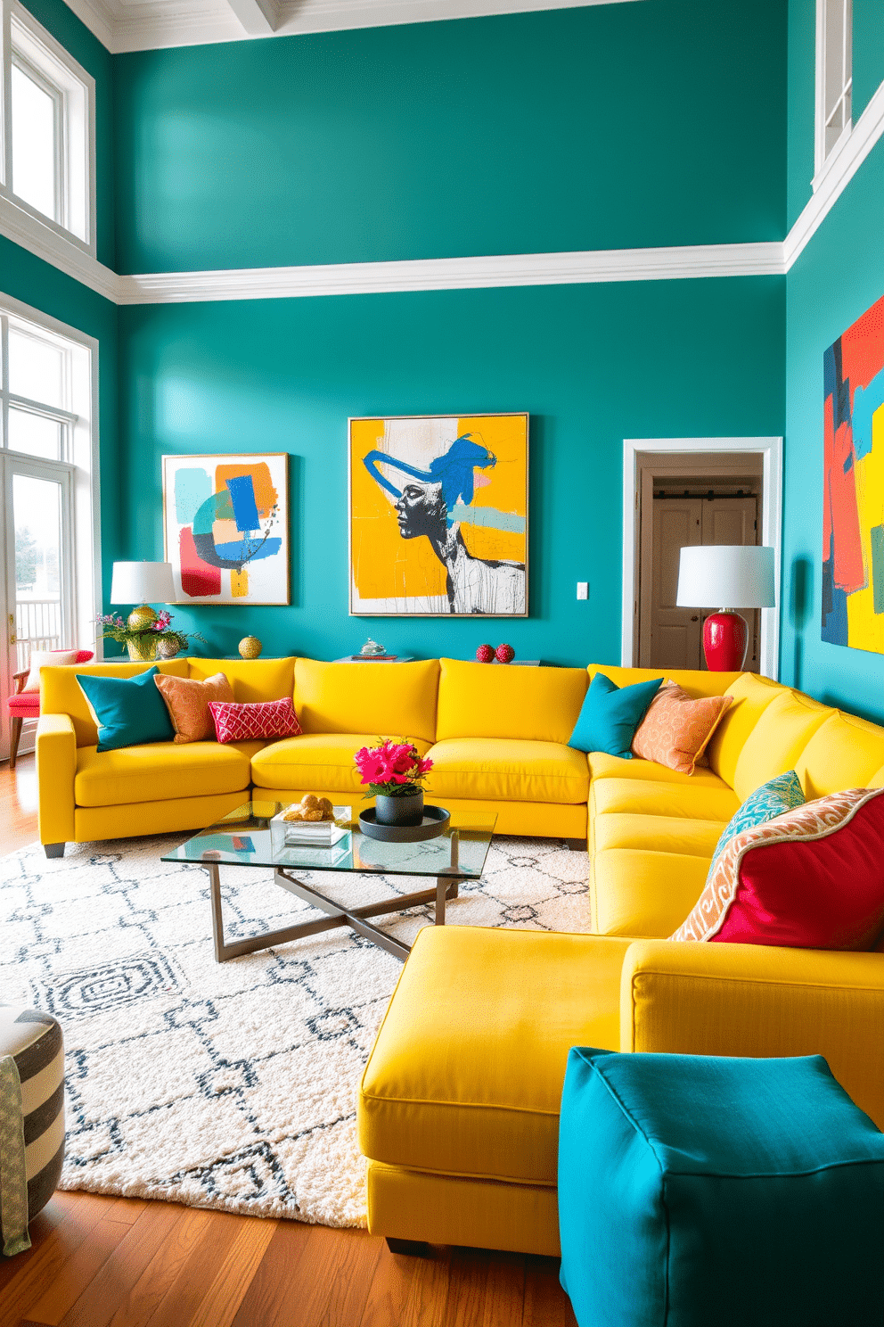 A large family room filled with bright colors and modern art accents. The walls are painted in a vibrant teal, and bold abstract paintings hang prominently on the walls, adding energy to the space. A spacious sectional sofa in a sunny yellow is arranged around a sleek glass coffee table. Colorful throw pillows and a plush area rug with geometric patterns enhance the lively atmosphere of the room.