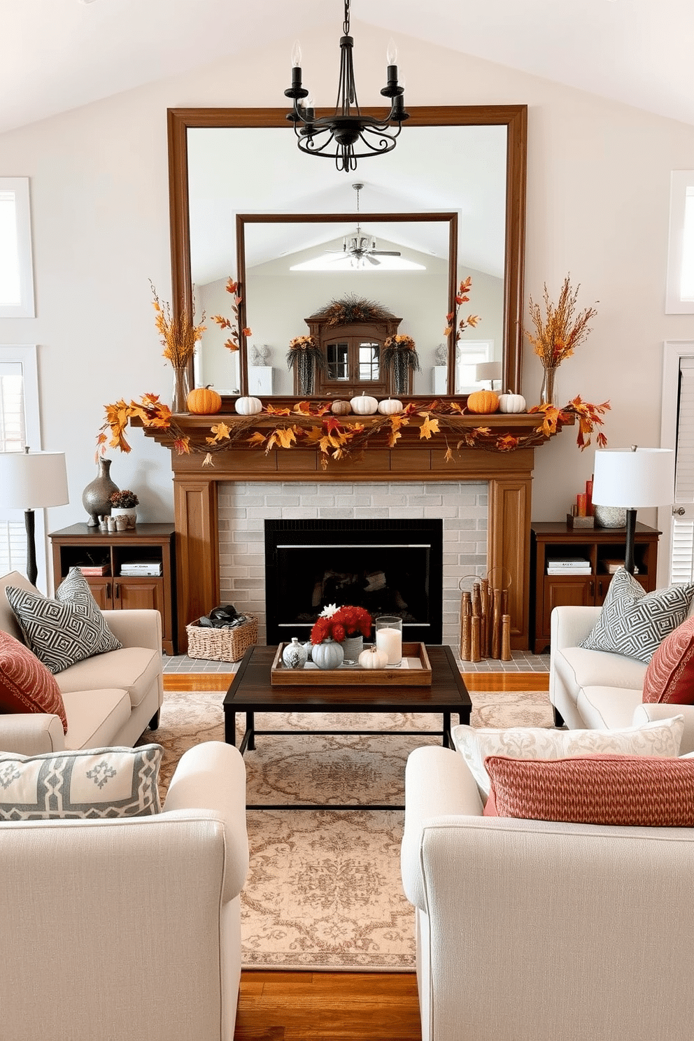 A cozy family room featuring a grand fireplace mantel adorned with seasonal decorations, including autumn leaves and pumpkins for fall. The mantel is complemented by a warm wooden surround, and a large mirror hangs above, reflecting the inviting atmosphere. The room is spacious, with plush seating arranged around a central coffee table, inviting family gatherings. Soft, neutral tones dominate the decor, accented by colorful throw pillows and a large area rug that adds warmth to the hardwood floors.