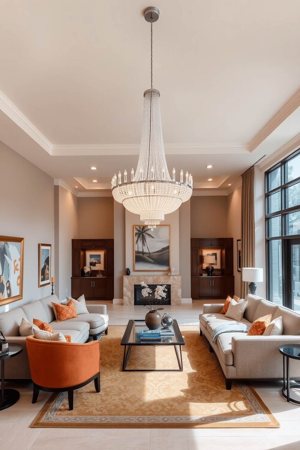 A statement chandelier hangs majestically in the center of a spacious family room, drawing the eye upward and creating a dramatic focal point. Surrounding the chandelier, the room features plush seating arrangements with a mix of contemporary and classic furnishings, accented by warm, inviting colors. The walls are adorned with elegant artwork, while large windows allow natural light to flood the space, enhancing the overall ambiance. A cozy area rug anchors the seating, and a stylish coffee table serves as a functional centerpiece, perfect for family gatherings and entertaining guests.