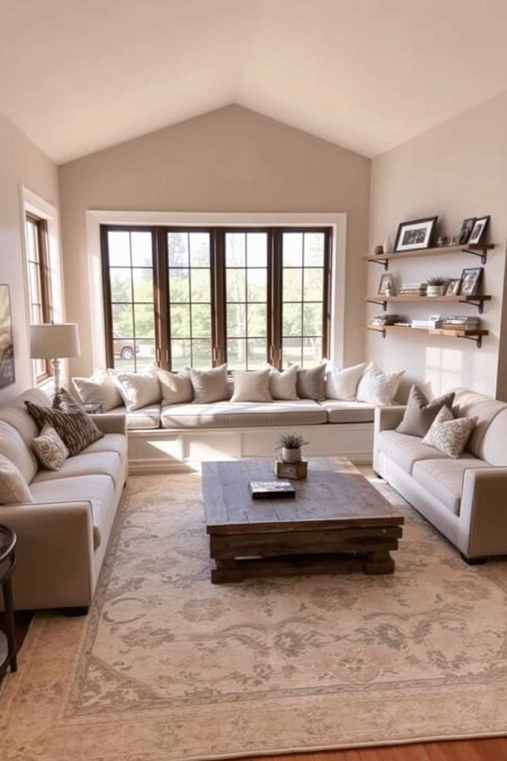 A large family room featuring a spacious window seat adorned with cozy cushions in soft, inviting fabrics. The room is filled with natural light, showcasing a mix of modern and rustic elements, including a large sectional sofa and a reclaimed wood coffee table. The walls are painted in warm, neutral tones, complemented by a large area rug that adds texture and comfort. Decorative shelves flank the window seat, displaying family photos and books, creating a welcoming and personalized atmosphere.