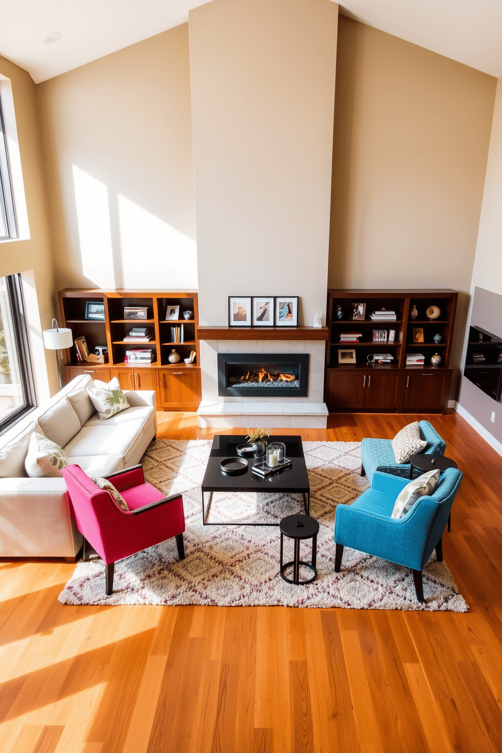 A spacious family room featuring a large sectional sofa facing a modern fireplace, which serves as the room's focal point. The walls are painted in a soft beige, and large windows allow natural light to flood the space, highlighting the warm wooden floors. In the center of the room, a stylish coffee table sits atop a plush area rug, surrounded by vibrant accent chairs. Decorative shelves on either side of the fireplace display family photos and curated decor, adding a personal touch to the inviting atmosphere.