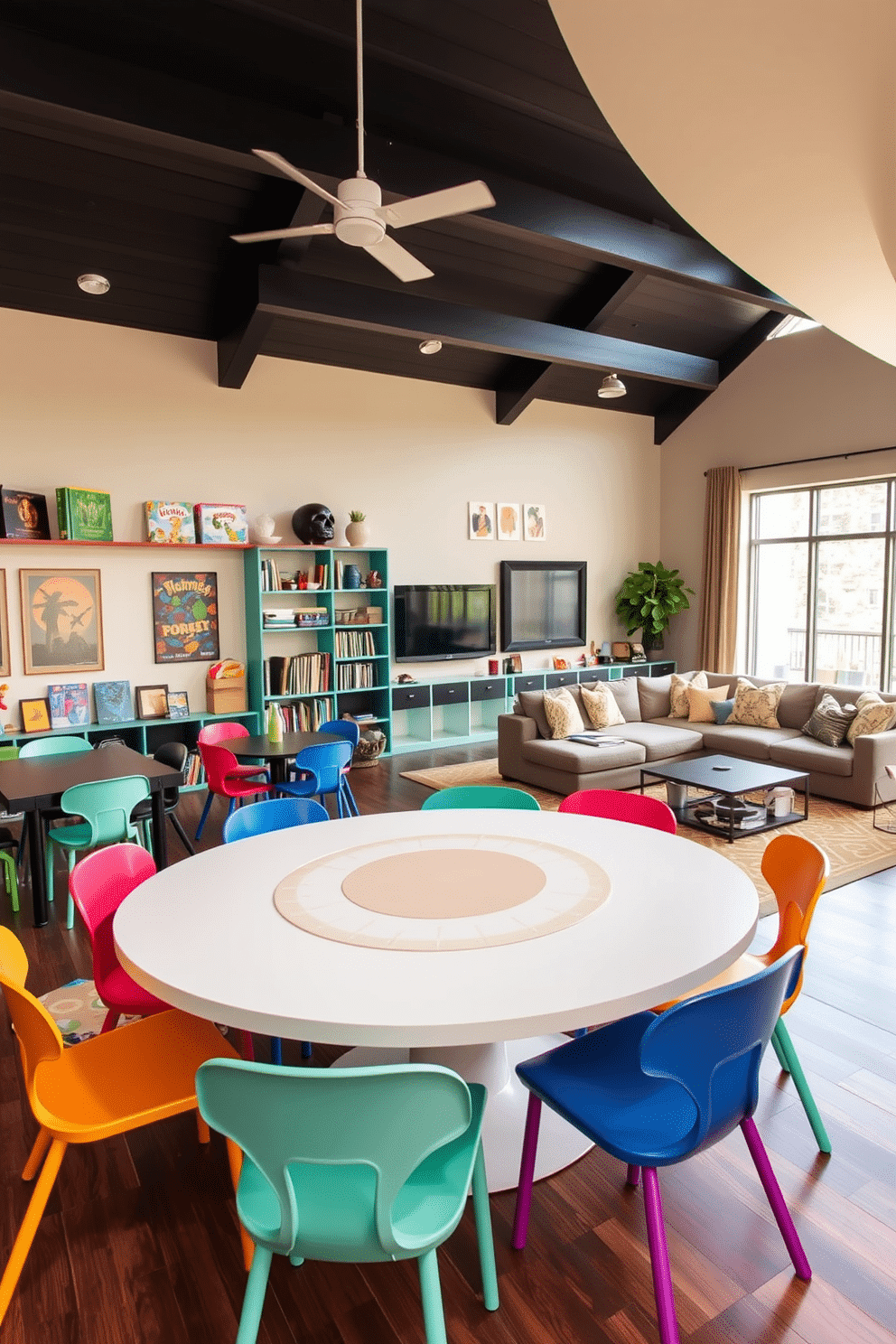 A vibrant game area featuring a large, round table surrounded by colorful chairs, perfect for board games and social gatherings. The walls are adorned with playful artwork and shelves filled with games and books, creating a lively atmosphere. In the spacious family room, a cozy sectional sofa is paired with oversized cushions and a stylish coffee table at the center. Large windows allow natural light to flood the space, while a warm color palette of earth tones and soft textures invites relaxation and family bonding.