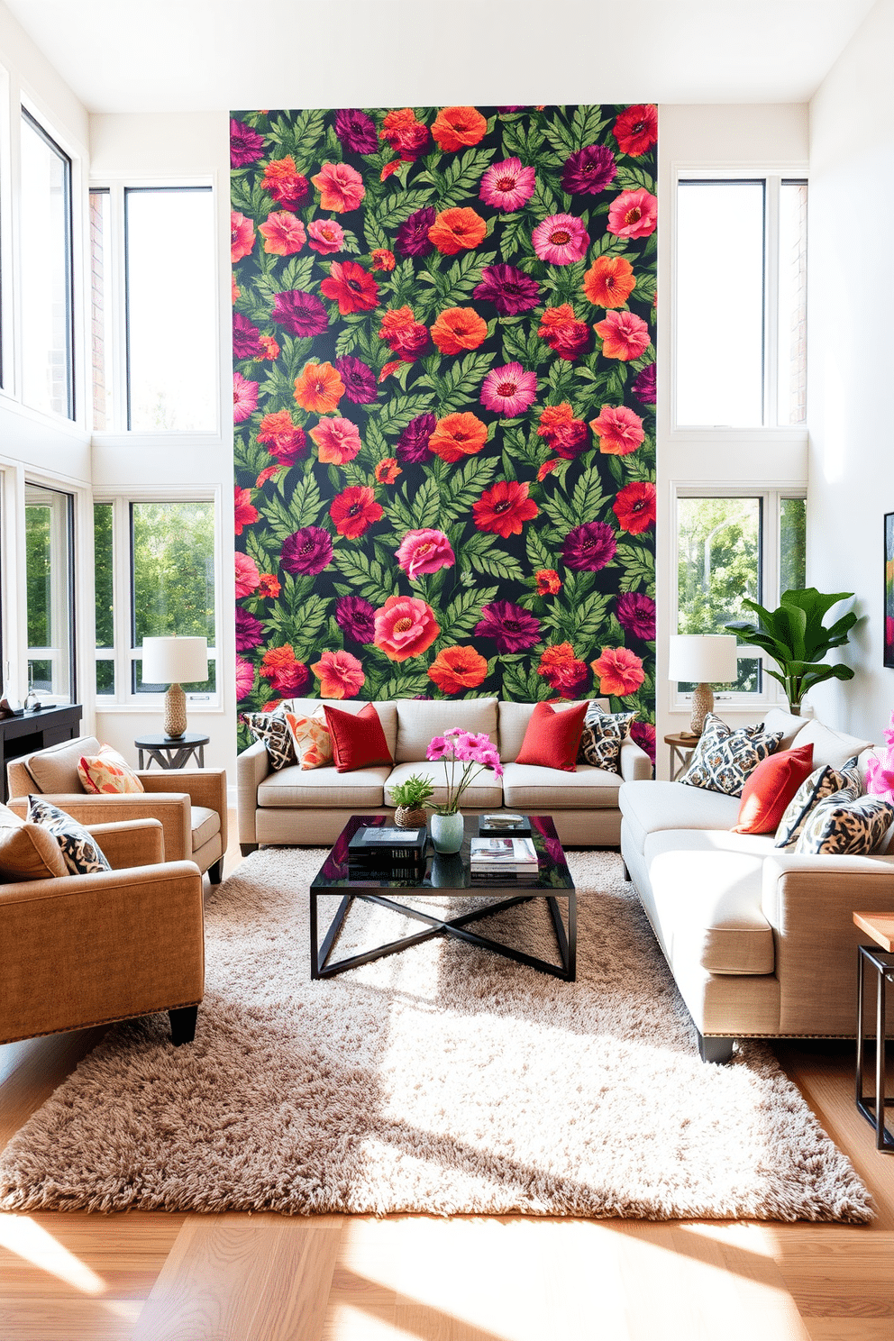 A spacious family room featuring a bold wallpaper design that serves as a striking feature wall, showcasing a vibrant floral pattern in rich colors. The room is furnished with a large, comfortable sectional sofa in a neutral tone, accented by colorful throw pillows that complement the wallpaper. Natural light floods the space through oversized windows, enhancing the inviting atmosphere. A stylish coffee table sits at the center, surrounded by cozy armchairs and a plush area rug that ties the room together.