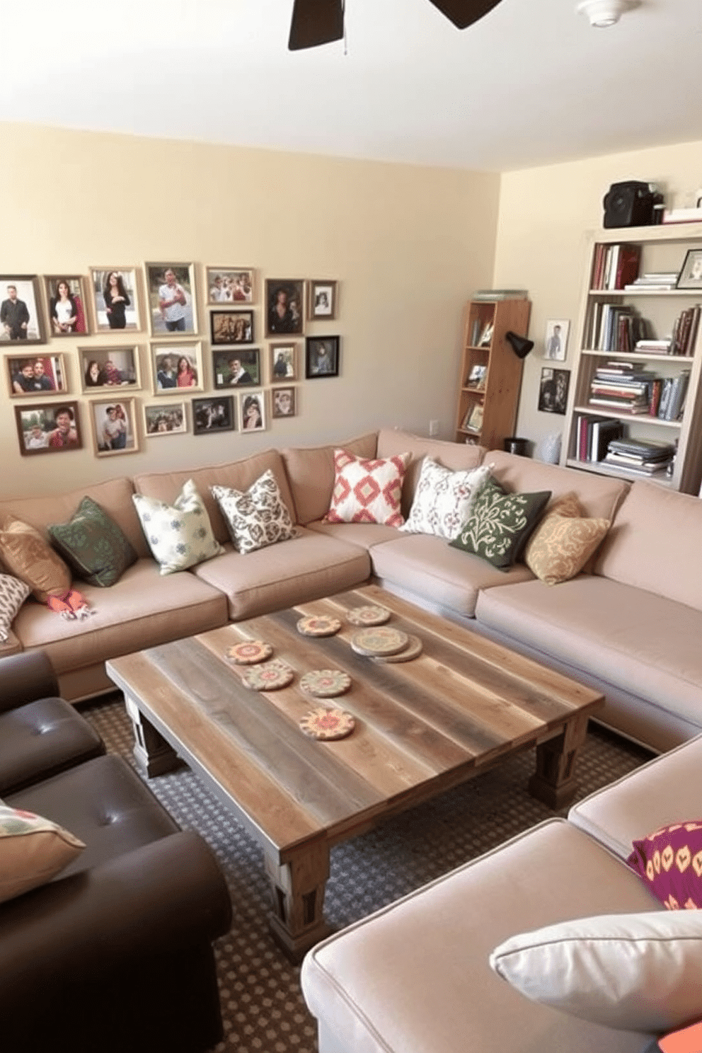 A large family room filled with personalized touches and DIY decor. The space features a cozy sectional sofa adorned with colorful throw pillows, and a reclaimed wood coffee table at the center, showcasing handmade coasters. On one wall, a gallery of family photos is arranged in mismatched frames, adding warmth and character to the room. A DIY bookshelf made from repurposed materials stands in the corner, filled with books and cherished mementos.