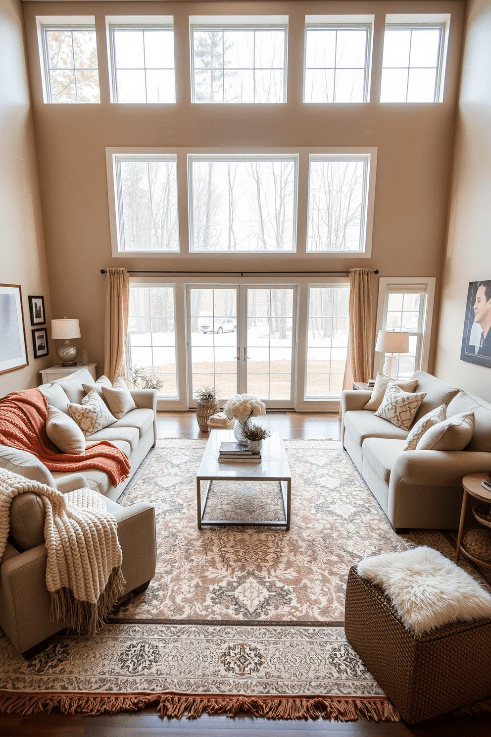 A large family room designed for comfort and warmth, featuring a plush sectional sofa adorned with cozy, textured throws in soft, inviting colors. The space is enhanced by a large area rug that anchors the seating area, while oversized windows allow natural light to flood in, creating a welcoming atmosphere. Incorporate a stylish coffee table at the center, surrounded by an assortment of decorative pillows and blankets for added comfort. The walls are painted in a warm neutral tone, complemented by family photos and art pieces that add a personal touch to the room.