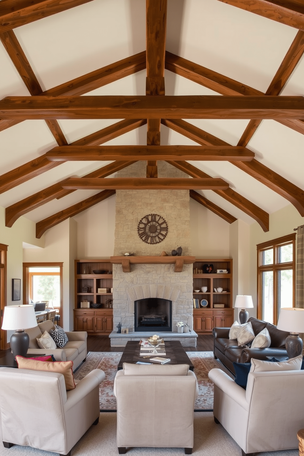 A spacious family room features rustic wood beams that stretch across the ceiling, adding warmth and character to the space. A large stone fireplace serves as the focal point, surrounded by comfortable seating and cozy decor that invites relaxation and family gatherings.