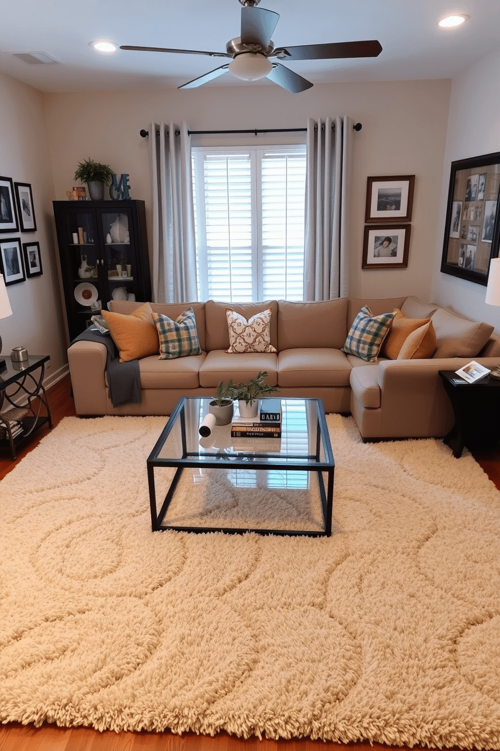 A large area rug anchors the family room, featuring a soft, plush texture in a neutral color palette that complements the surrounding decor. Surrounding the rug, a cozy sectional sofa is arranged with colorful throw pillows, creating an inviting space for family gatherings. The walls are adorned with framed artwork and family photos, adding a personal touch to the room. A stylish coffee table sits at the center, topped with decorative books and a small plant, enhancing the overall aesthetic of the family room.