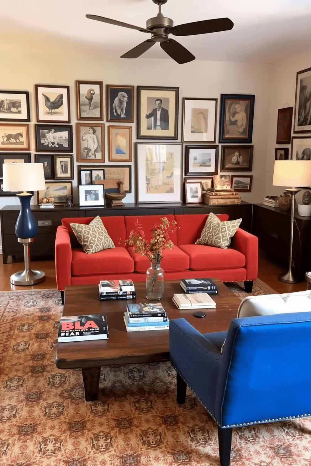 An eclectic family room featuring a harmonious blend of vintage and modern furnishings. A plush, mid-century sofa in a bold color contrasts with a rustic wooden coffee table adorned with art books and a vintage vase. The walls are decorated with an array of framed artwork, combining contemporary pieces with classic prints. A large, patterned area rug anchors the space, while stylish floor lamps provide warm lighting, creating an inviting atmosphere for family gatherings.