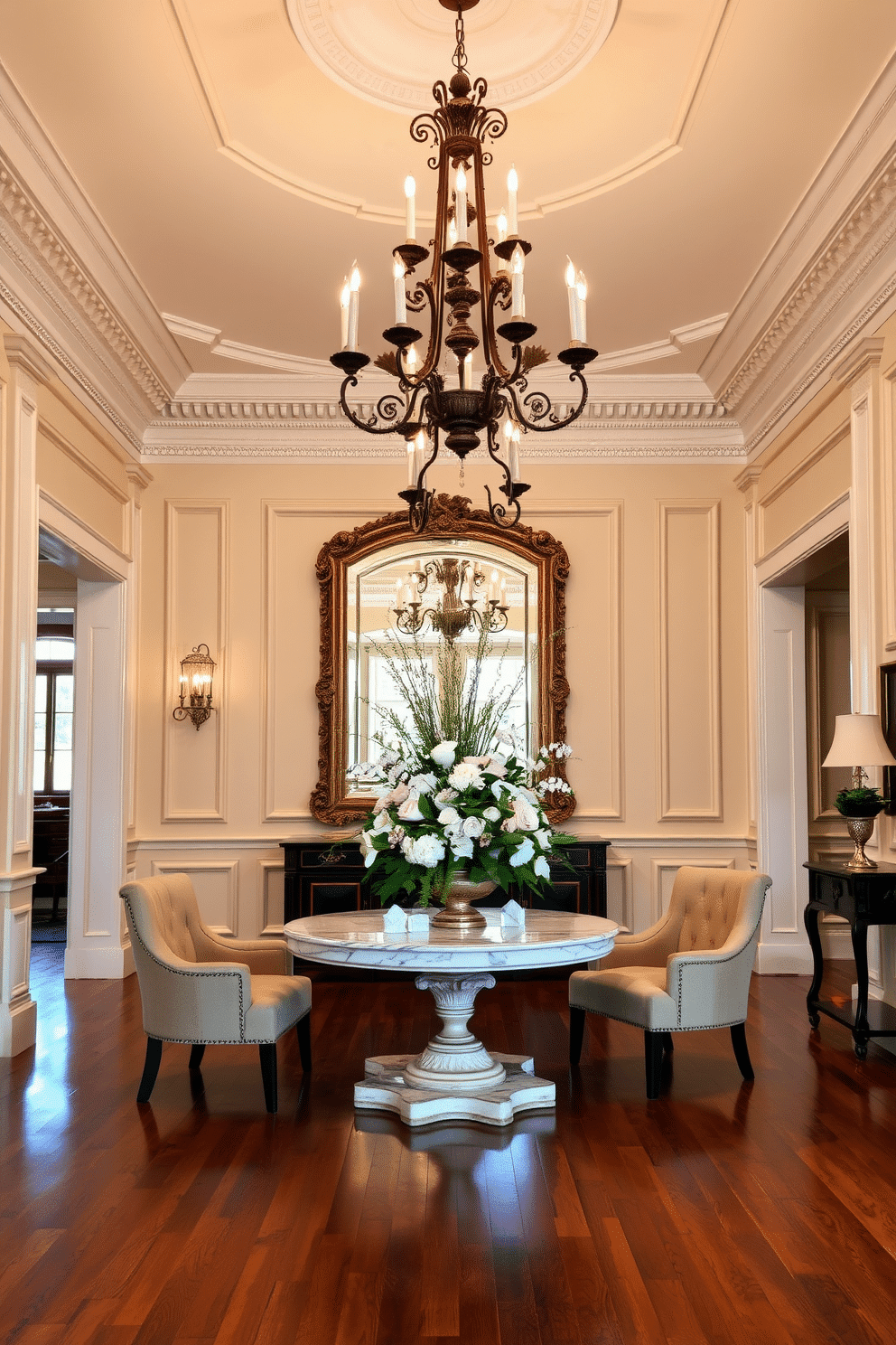 An elegant foyer featuring a grand chandelier adorned with vintage accents, casting a warm glow over the space. The walls are painted in a soft cream color, complemented by intricate crown molding and a polished hardwood floor that adds sophistication. In the center of the foyer, a round marble table is topped with a stunning floral arrangement, surrounded by plush upholstered chairs. A large, ornate mirror hangs above the table, reflecting the light and enhancing the sense of openness in the area.