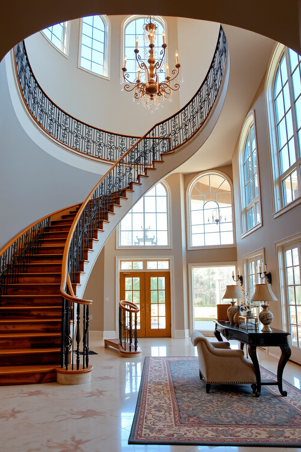 A grand statement staircase with an ornate decorative railing curves gracefully upwards, creating a stunning focal point in the foyer. The staircase is adorned with rich wooden steps and intricate balusters, complemented by a soft, ambient light cascading from a stylish chandelier above. The large foyer features high ceilings and expansive windows that flood the space with natural light, enhancing the feeling of openness. Elegant furnishings, including a plush area rug and a console table with decorative accents, invite guests into this luxurious entryway.