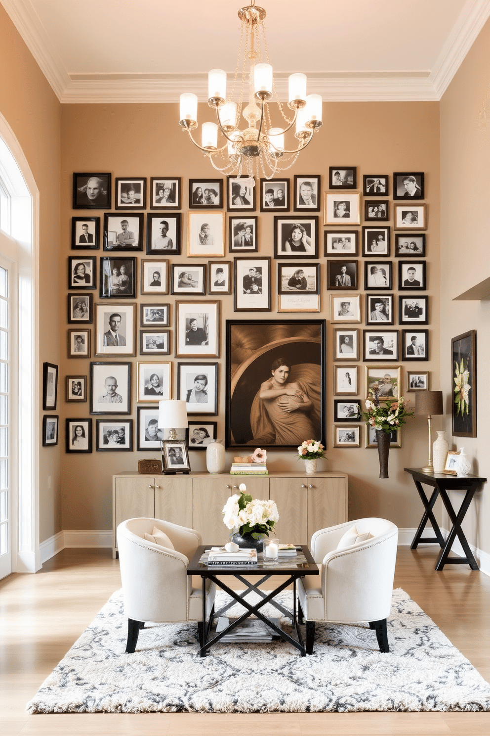 A gallery wall of family photos showcases a variety of framed memories in different sizes and styles, creating a personalized and warm atmosphere. The arrangement features a mix of black-and-white and color photographs, interspersed with decorative art pieces to add visual interest. The large foyer is designed with high ceilings and a grand chandelier that illuminates the space, creating an inviting entryway. A statement console table against one wall is adorned with decorative objects and fresh flowers, while a plush area rug anchors the seating area, offering comfort and style.