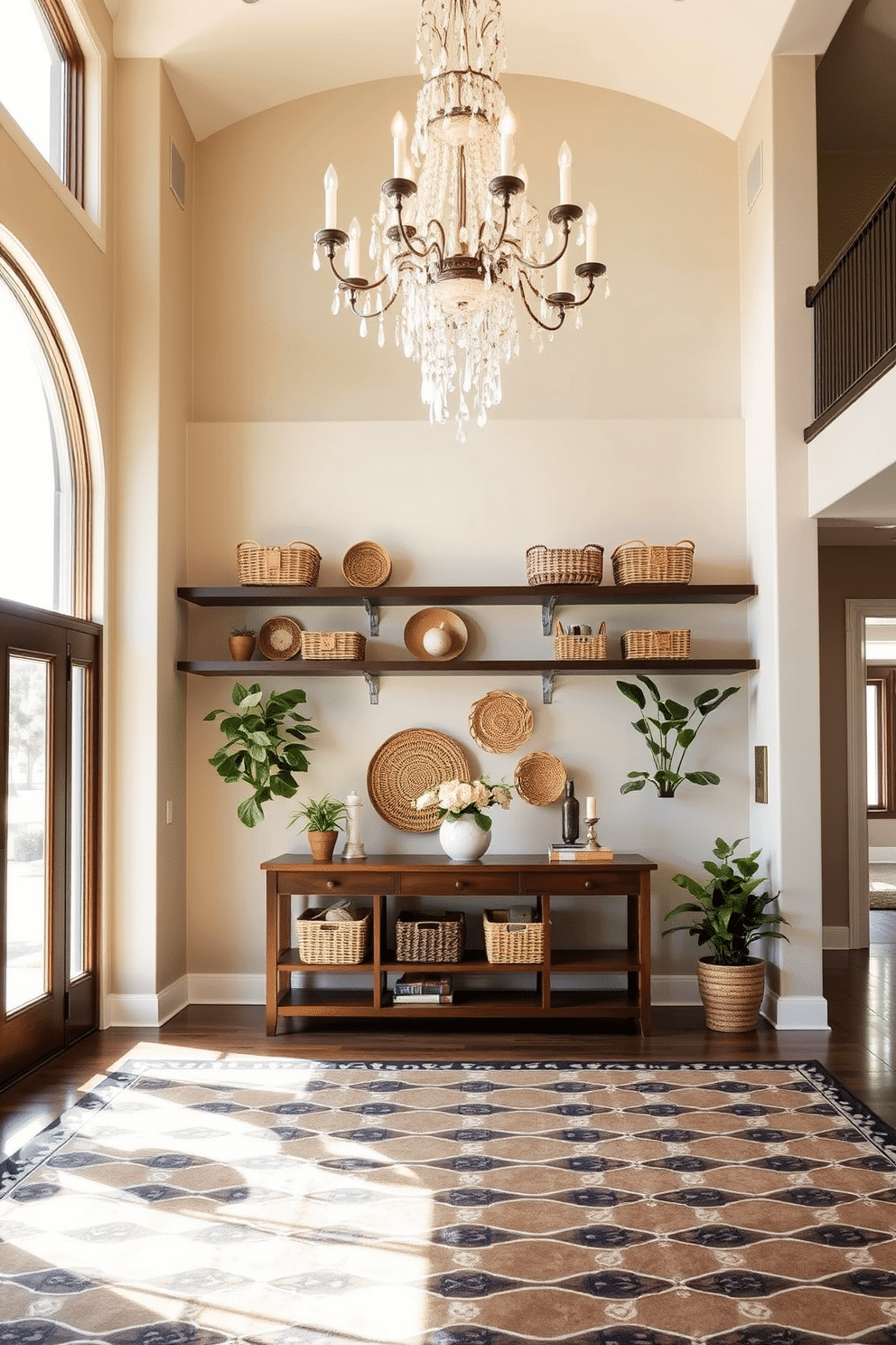 A large foyer featuring a stunning chandelier that cascades down from a high ceiling, illuminating the space with warm light. The floor is adorned with a bold geometric patterned rug that complements the elegant wooden console table against the wall. Woven baskets are artfully arranged on shelves, providing stylish organization while adding texture to the decor. Potted plants are placed strategically to bring a touch of nature indoors, enhancing the welcoming atmosphere of the foyer.