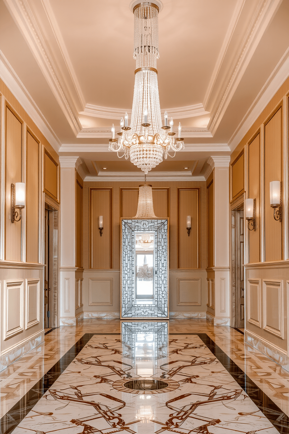 A striking foyer with a grand chandelier made of crystal, casting a warm glow across the space. The walls are adorned with elegant wainscoting in a soft beige, complemented by a polished marble floor that features intricate geometric patterns. Unique lighting fixtures hang from the ceiling, showcasing a blend of modern and vintage styles. A large, decorative mirror is positioned opposite the entrance, reflecting the light and enhancing the spacious feel of the foyer.