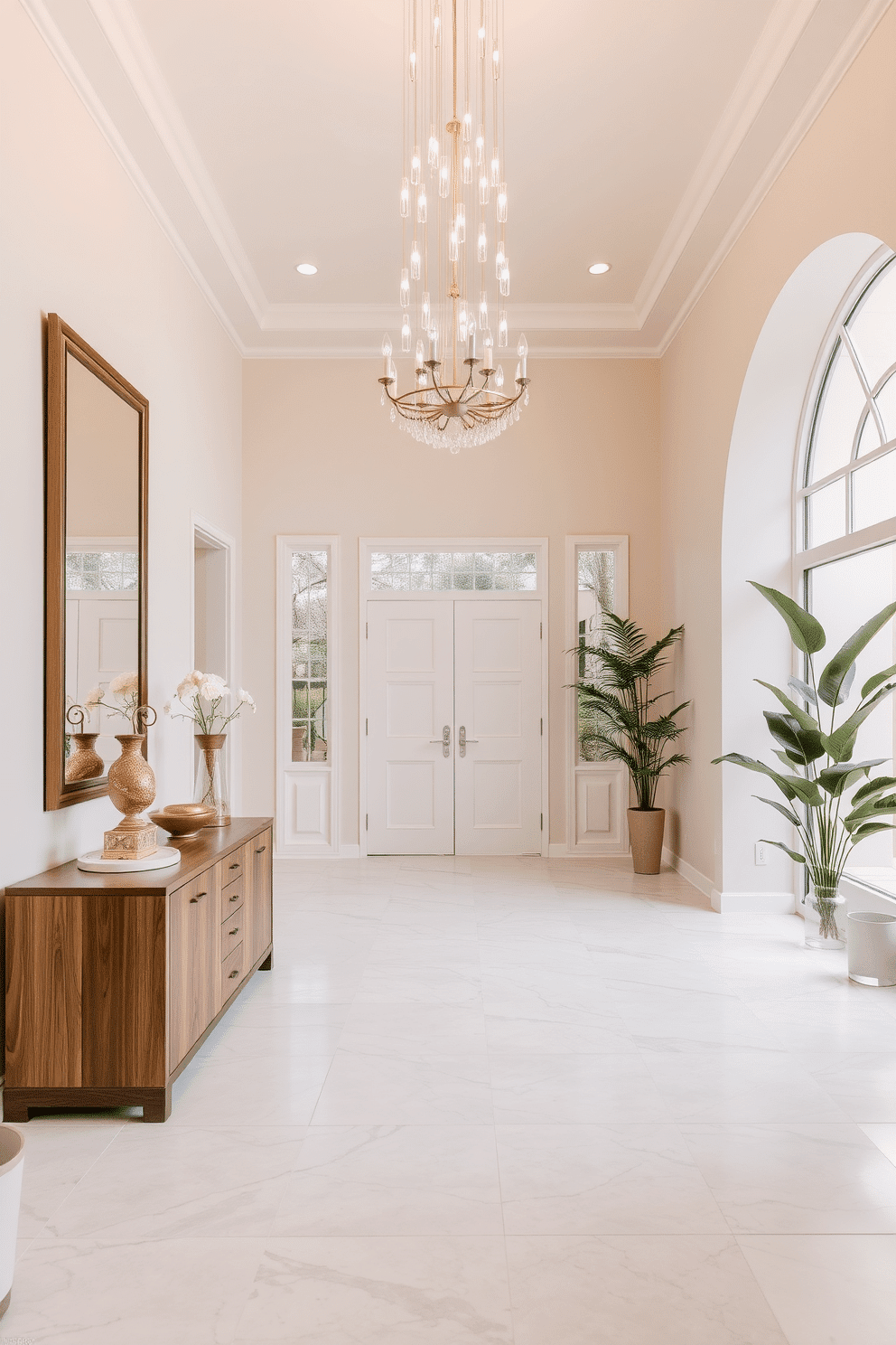 A large foyer featuring a neutral color palette that promotes a calming atmosphere. The space is adorned with soft beige walls and a light gray marble floor, complemented by a statement chandelier that adds elegance. A grand wooden console table sits against one wall, topped with a few decorative items and a large mirror above it. Potted greenery is strategically placed in the corners to enhance the inviting feel of the foyer.