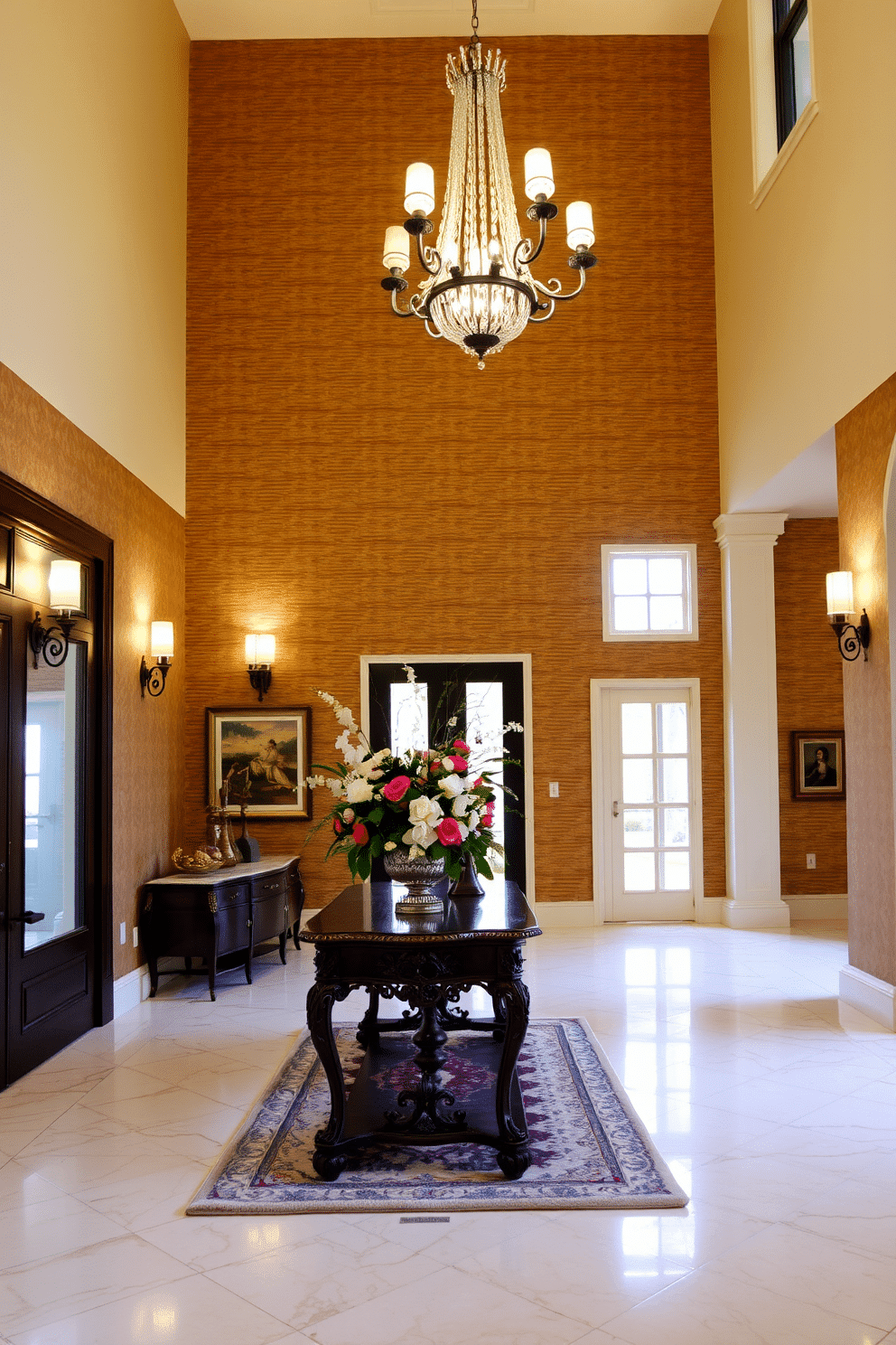 A grand foyer with high ceilings features decorative wall sconces that provide soft, ambient lighting, enhancing the elegance of the space. The walls are adorned with a rich, textured wallpaper, and a stunning chandelier hangs from the ceiling, creating a warm and inviting atmosphere. The foyer showcases a large, ornate console table against one wall, topped with a beautiful floral arrangement and decorative accessories. A plush area rug lies beneath, adding warmth and color to the polished marble floor.