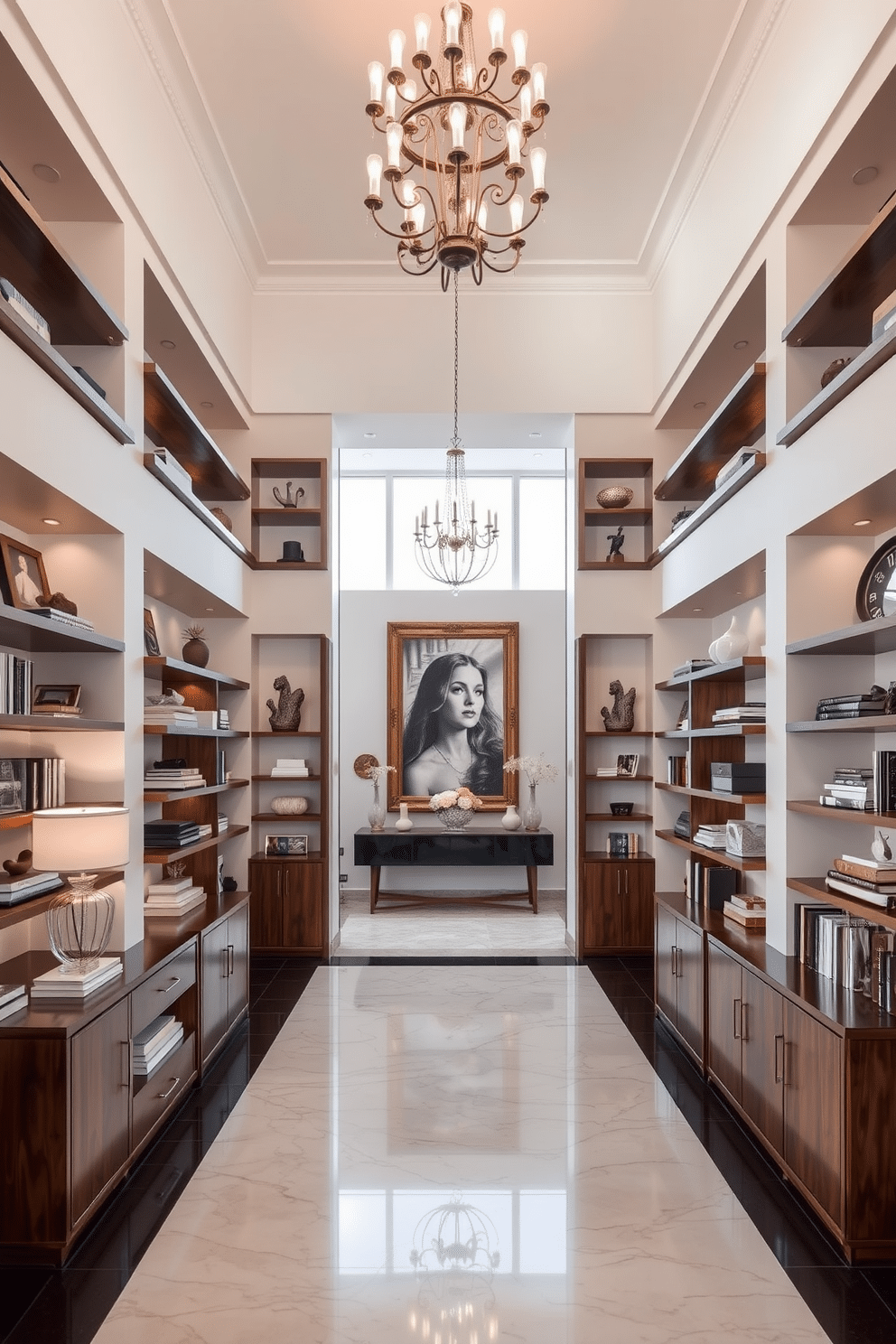 A grand foyer features open shelving elegantly arranged along the walls, showcasing a curated selection of decor items, books, and personal treasures. The flooring is a polished marble, and a statement chandelier hangs from the ceiling, casting a warm glow over the space. The open shelving is crafted from rich wood, providing a striking contrast to the light-colored walls. A large, inviting mirror is mounted above a console table, enhancing the sense of space and reflecting the carefully selected decor.