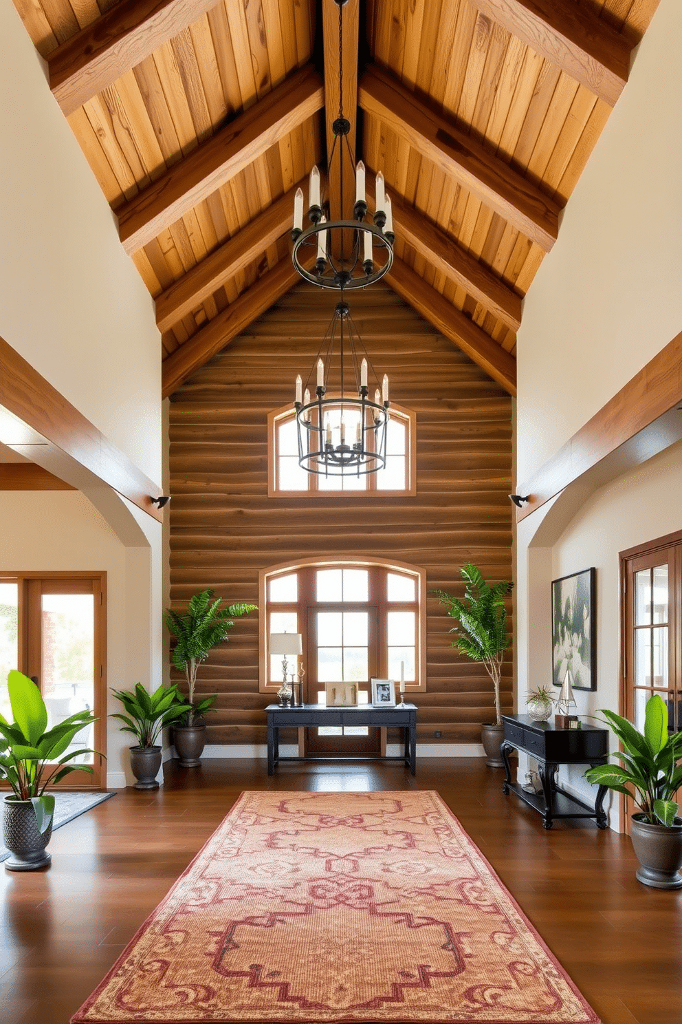 A grand foyer with rustic wooden beams overhead creates a warm and inviting atmosphere. The space features a large, elegant chandelier that complements the natural wood tones, casting a soft glow across the room. The floor is adorned with a rich, textured area rug that adds comfort and style, while a statement console table against the wall showcases decorative accents. Potted greenery flanks the entrance, enhancing the organic feel and welcoming guests into the home.