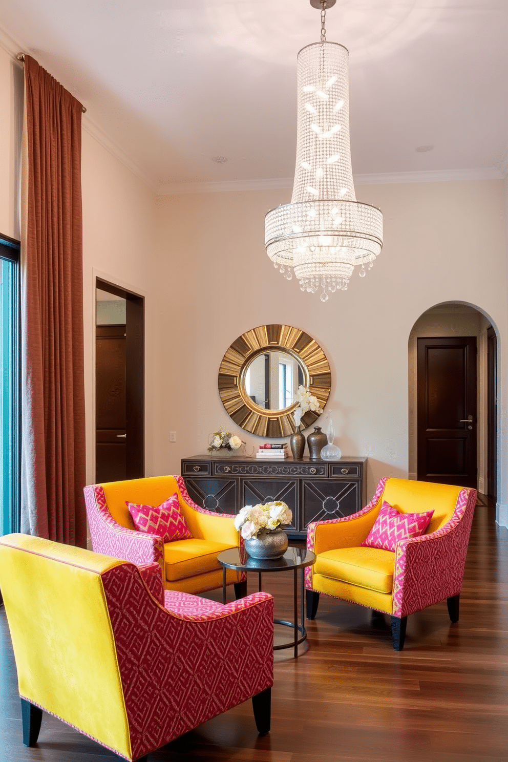 Brightly colored accent chairs are strategically placed in the corner of the room, adding a vibrant touch to the overall decor. These chairs feature bold patterns and textures, inviting guests to relax and enjoy the space. The foyer is designed with an expansive layout, showcasing a stunning chandelier that hangs from a high ceiling. A large console table against the wall is adorned with decorative items and a statement mirror, creating an inviting first impression.