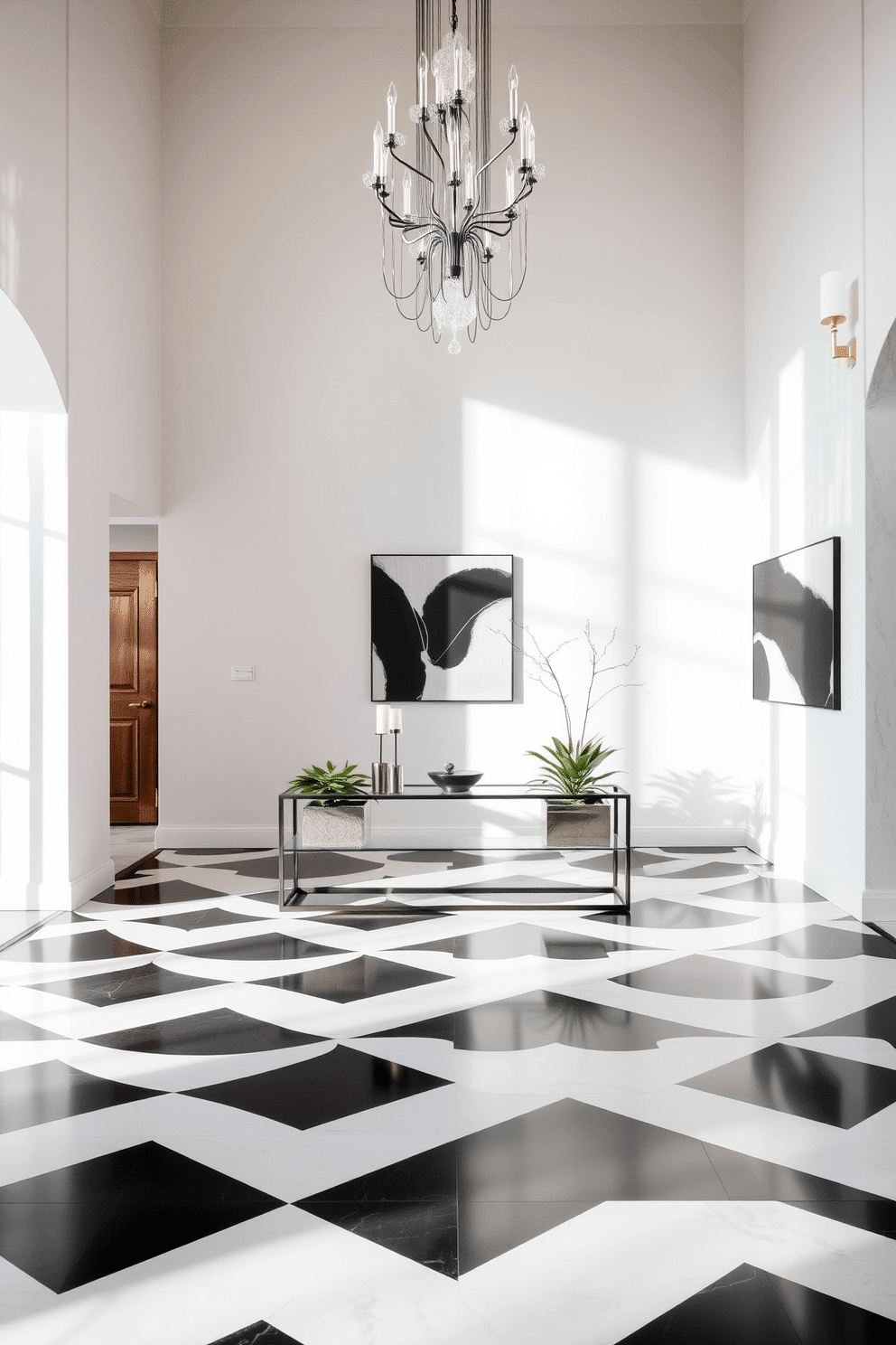 A large foyer with a striking geometric patterned floor, featuring bold black and white tiles that create a modern aesthetic. The walls are adorned with sleek, minimalist art pieces, and a statement chandelier hangs from a high ceiling, casting elegant shadows. A spacious console table made of glass and metal sits against one wall, topped with decorative objects that complement the geometric theme. Potted greenery in stylish planters adds a touch of warmth and life to the contemporary space.