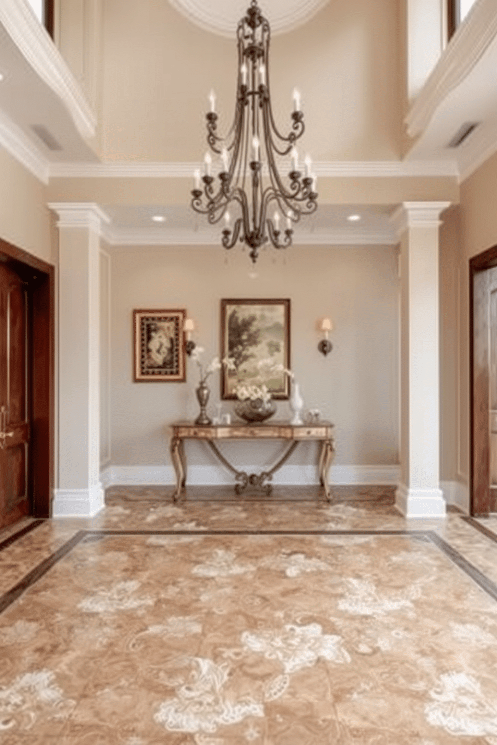 Classic tile flooring for timeless elegance. The floor features intricate patterns in muted earth tones, creating a warm and inviting atmosphere. Large foyer design ideas. The space is accentuated by a grand chandelier hanging from a high ceiling, with a statement console table adorned with decorative accents.