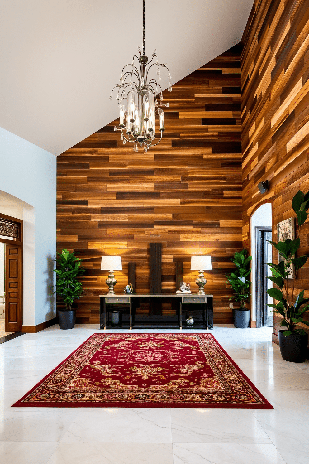 A grand foyer featuring an accent wall adorned with reclaimed wood panels, creating a warm and inviting atmosphere. The space is enhanced by a stunning chandelier hanging from a high ceiling, illuminating the rich textures of the wood and the polished marble floor below. Flanking the entrance, a pair of elegant console tables with decorative lamps provides a stylish touch, while a large area rug adds comfort and color to the space. Potted plants in the corners bring a touch of nature indoors, complementing the rustic charm of the reclaimed wood.