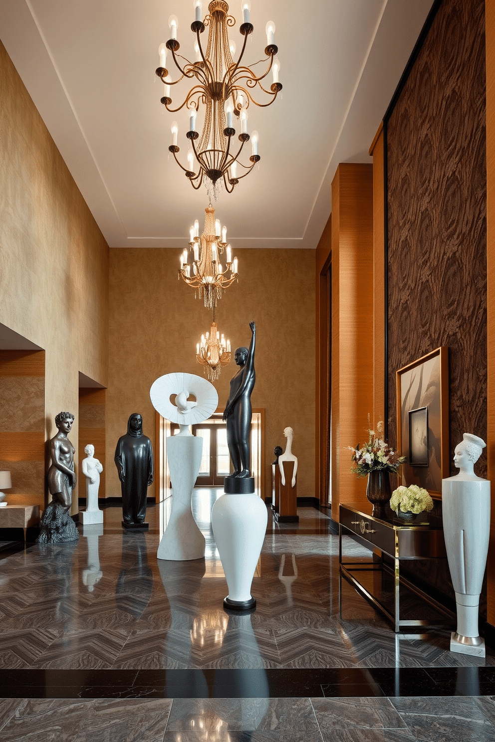 A grand foyer showcasing artistic sculptures as focal points. The space features a high ceiling with elegant chandeliers, while unique sculptures are strategically placed to create visual interest and invite exploration. The walls are adorned with rich textures and a sophisticated color palette, enhancing the overall ambiance. A statement console table sits against one wall, complemented by decorative art pieces and fresh floral arrangements.