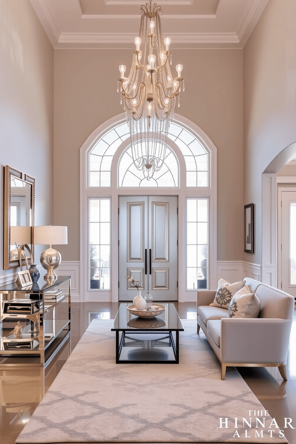 A grand foyer featuring mirrored furniture that adds a chic touch to the space. The entrance showcases a large, reflective console table adorned with a stylish vase and a statement lamp, while a stunning chandelier hangs above, casting a warm glow. The walls are painted in a soft, neutral tone, complemented by an elegant area rug that defines the seating area. Plush seating with decorative pillows invites guests to relax, creating an inviting atmosphere as they enter the home.