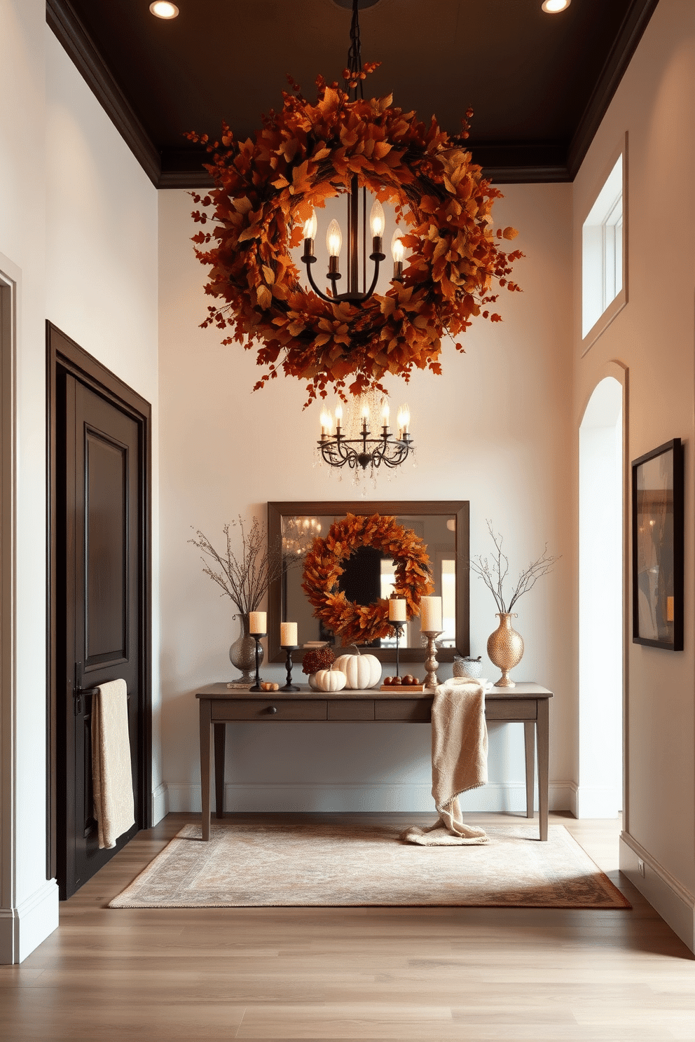 Seasonal decor to refresh the space. The foyer is adorned with a large, vibrant wreath made of autumn leaves and berries, hanging prominently on the front door. Inside, a console table is styled with a mix of seasonal elements, including a pumpkin centerpiece, candles in warm hues, and a cozy throw draped over the side. Soft, ambient lighting enhances the inviting atmosphere, creating a welcoming entryway for guests. Large Foyer Design Ideas. The foyer features a grand chandelier that cascades from a high ceiling, illuminating the space with a warm glow. A statement console table sits against the wall, complemented by a large mirror that reflects light and creates a sense of depth. Elegant artwork and decorative accents are strategically placed to enhance the overall aesthetic, making a stunning first impression.