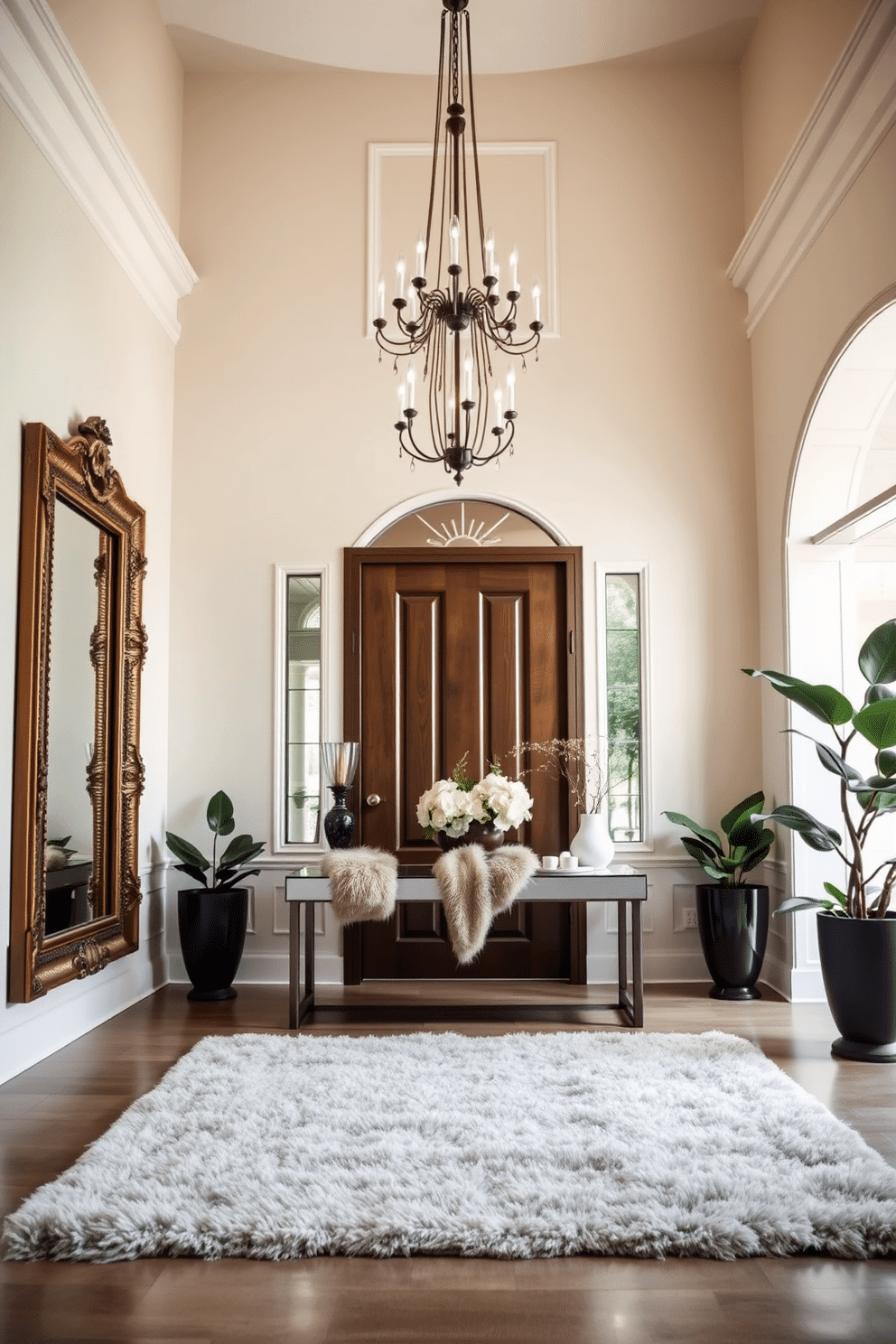 A grand foyer featuring a high ceiling and elegant chandelier that casts a warm glow. The space is adorned with a plush area rug and faux fur throws draped over a sleek console table, adding texture and warmth. To the left, a statement mirror with an ornate frame reflects the light, enhancing the spacious feel. Potted plants in stylish planters flank the entrance, bringing a touch of nature into the sophisticated design.