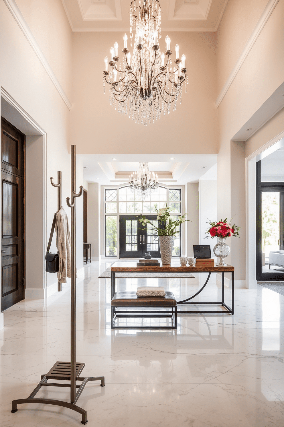 A stylish coat rack stands prominently in the entryway, crafted from sleek metal with a warm wood accent. It features multiple hooks for hanging coats and bags, accompanied by a small bench for convenience. The large foyer is designed with an open layout, showcasing a grand chandelier that illuminates the space. Elegant marble flooring extends throughout, complemented by a statement console table adorned with decorative accents and fresh flowers.