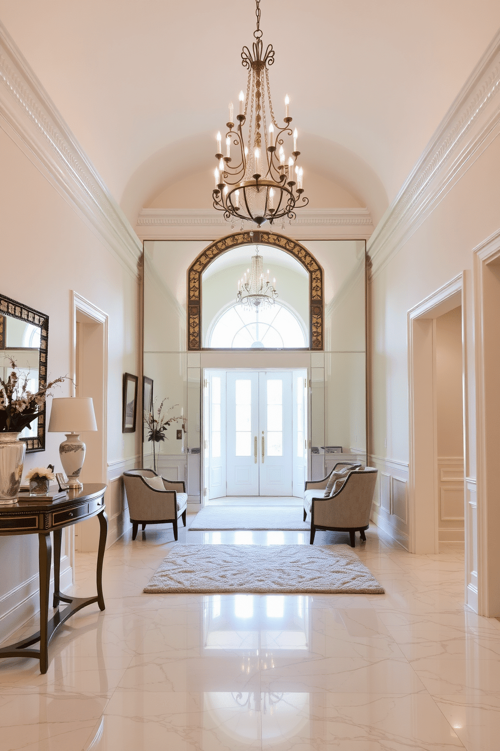 A grand foyer featuring a large, ornate mirror that reflects natural light, creating an inviting atmosphere. The space is adorned with elegant wainscoting, a stunning chandelier, and a polished marble floor that adds a touch of luxury. To the left, a stylish console table displays decorative items and fresh flowers, while a plush area rug anchors the seating arrangement. The walls are painted in a soft, neutral tone, enhancing the airy feel of the foyer.