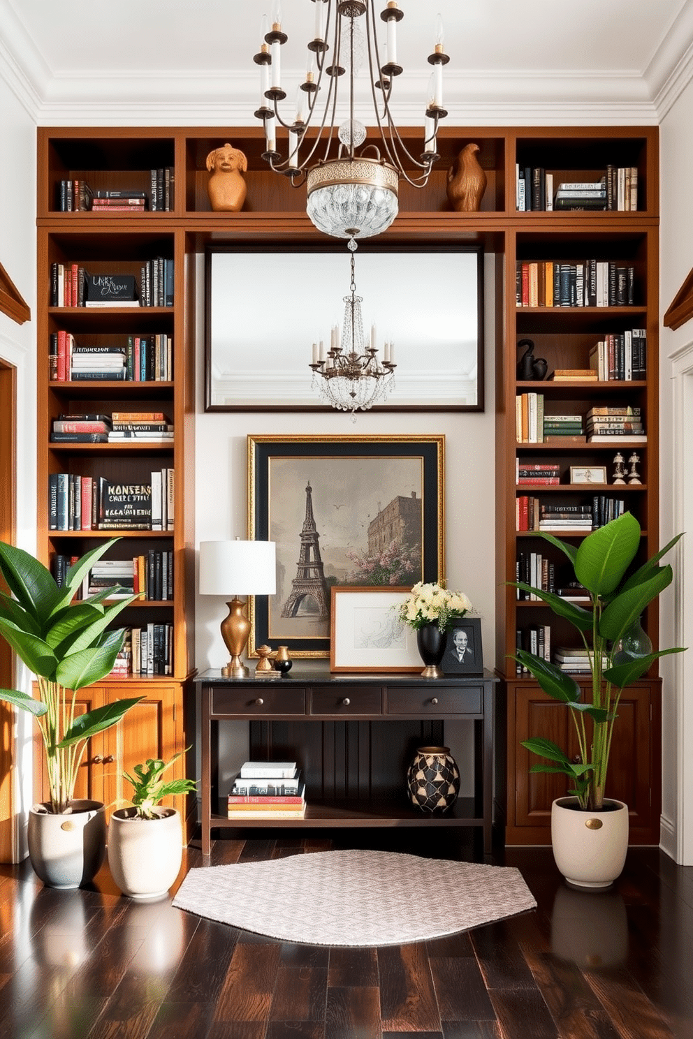 A curated collection of books displayed on elegant wooden shelves adds charm and sophistication to the space. The shelves are filled with a variety of books, art pieces, and decorative objects, creating an inviting atmosphere. For the large foyer design, consider a grand entrance with high ceilings and a statement chandelier. Flanking the entrance are tall potted plants and a stylish console table adorned with decorative accessories and a large mirror above it.