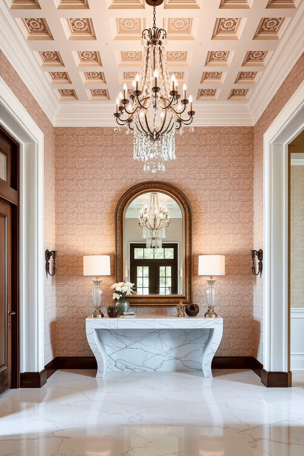 A grand foyer with textured wallpaper that adds depth and sophistication to the space. The entryway features a stunning chandelier hanging from a coffered ceiling, while a marble console table is adorned with decorative accents and a large mirror above it.