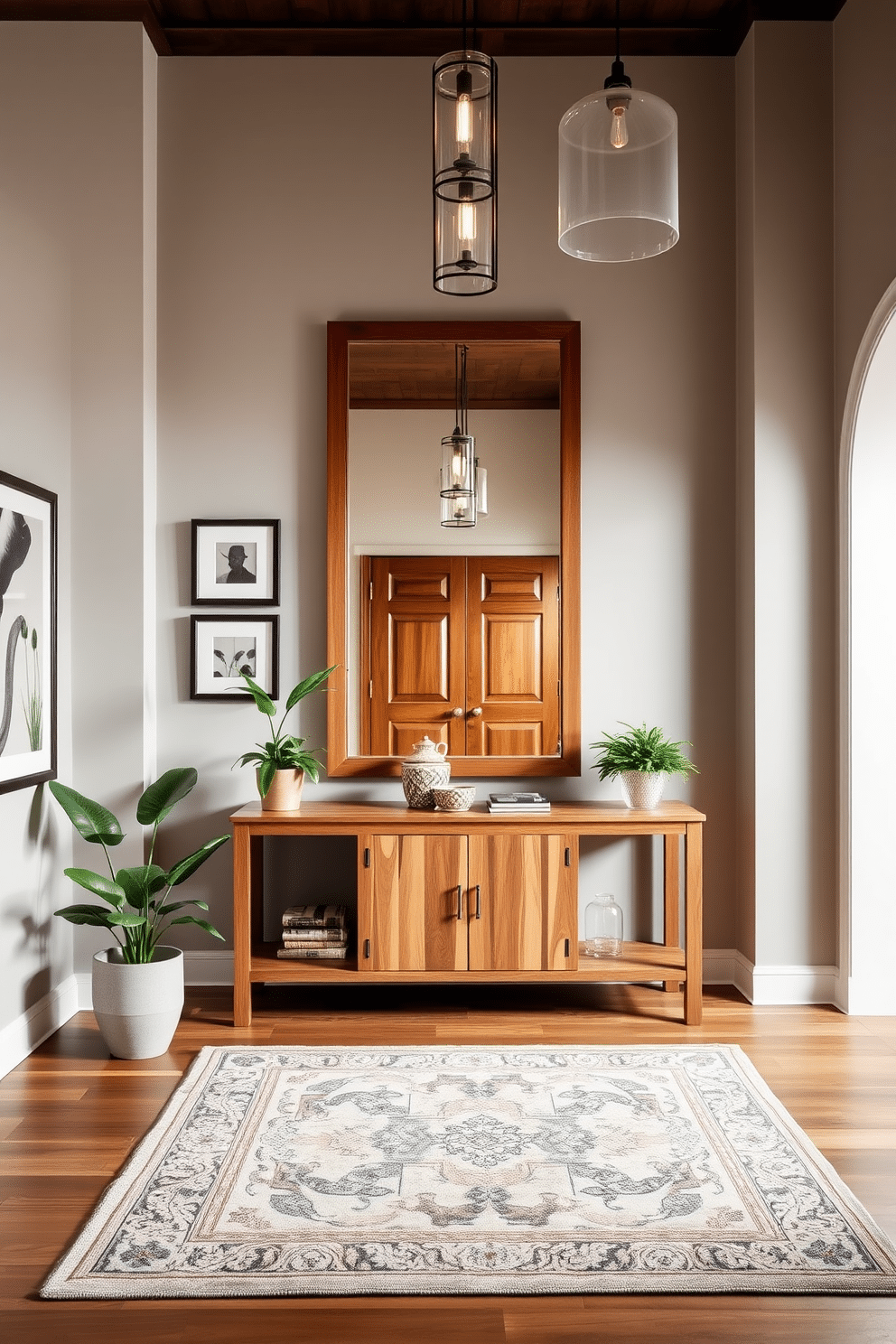 A stunning foyer featuring a natural wood console table that exudes charm and warmth. The walls are adorned with elegant artwork, and a large mirror above the console reflects the inviting ambiance of the space. The floor is covered in a tasteful area rug that complements the wood tones, while stylish lighting fixtures hang from the ceiling, casting a soft glow. Potted plants flanking the console table add a touch of greenery and life to the design.