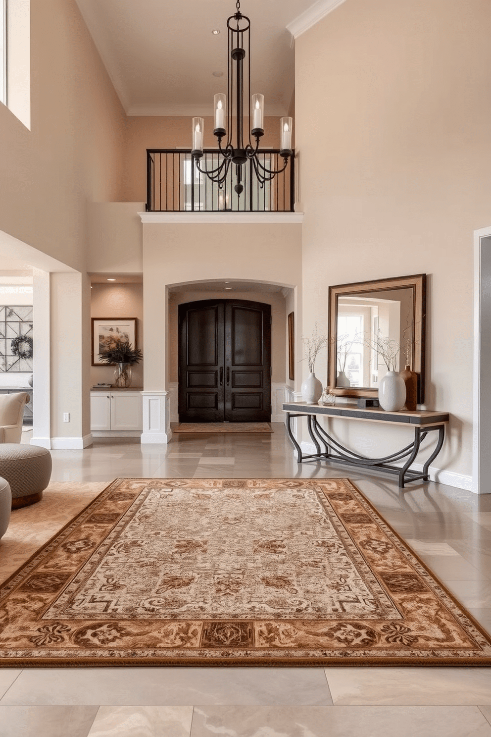 A layered rug arrangement in a spacious living area creates a warm and inviting atmosphere. The base rug is a large, neutral-toned piece, topped with a smaller, patterned rug that adds texture and visual interest. The foyer features a grand entrance with high ceilings and elegant lighting. A statement console table sits against the wall, adorned with decorative objects and a large mirror that reflects the space, enhancing its openness.