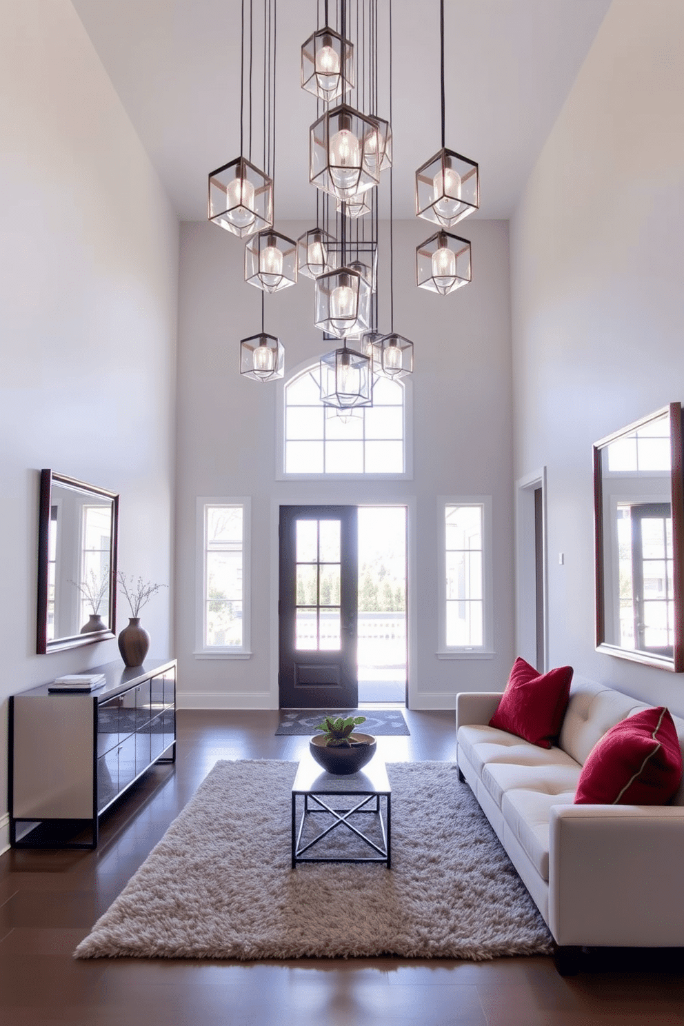 A large foyer features a stunning chandelier made of bold, geometric pendant lights that create a striking focal point. The space is adorned with a sleek console table against one wall, complemented by a large mirror that reflects the natural light streaming in through the front door. The walls are painted in a crisp white, enhancing the brightness of the area, while a plush area rug adds warmth underfoot. To one side, a stylish seating arrangement invites guests to linger, with accent pillows in vibrant colors that add a touch of modern flair.