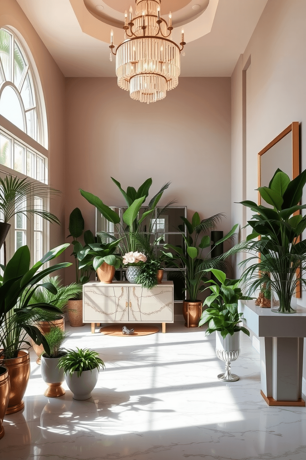 A spacious foyer welcomes guests with an abundance of indoor plants that bring a refreshing touch of nature indoors. The plants are strategically placed in elegant pots, creating a vibrant and inviting atmosphere. The foyer features high ceilings adorned with a stunning chandelier that casts a warm glow over the space. A statement console table sits against one wall, complemented by a large mirror that enhances the sense of openness and light.