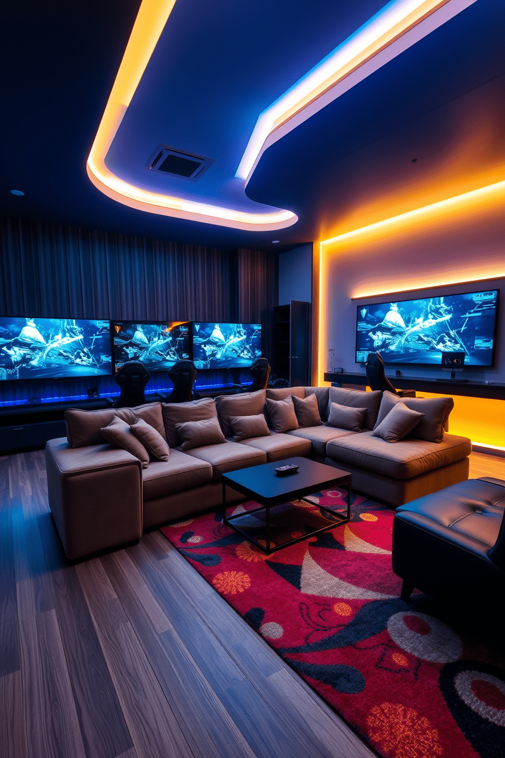 A cozy sectional sofa is positioned in the center of a spacious game room, featuring plush cushions and a soft fabric that invites relaxation. Surrounding the sofa are large, wall-mounted screens and ambient LED lighting that enhances the gaming atmosphere. The game room is designed with a modern aesthetic, showcasing a sleek coffee table and comfortable gaming chairs. Dark wood accents and a vibrant area rug add warmth and personality to the space, making it perfect for entertaining friends and family.