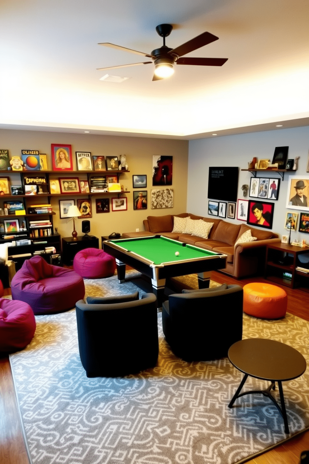 A versatile game room featuring flexible seating arrangements to accommodate various activities. The space includes a large sectional sofa, bean bags, and a few stylish accent chairs, all arranged to promote interaction and comfort. The walls are adorned with vibrant artwork and shelves filled with board games and collectibles. A large area rug defines the seating area, and a pool table occupies the center of the room, enhancing the playful atmosphere.