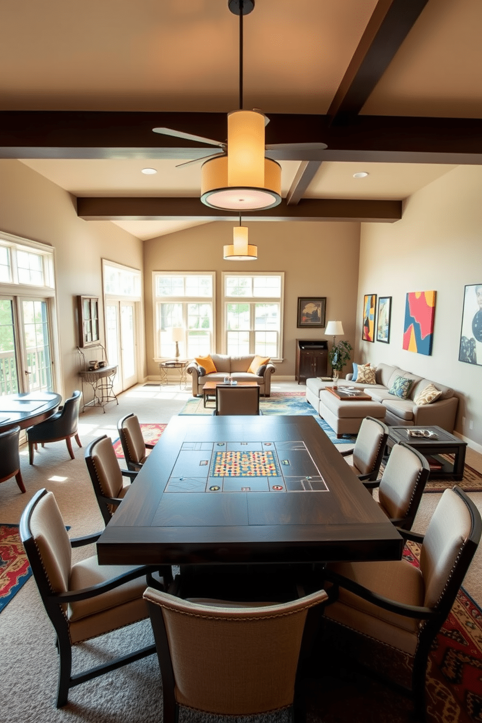 A spacious game room designed for entertainment features a large multi-purpose table crafted from dark wood, surrounded by comfortable, upholstered chairs. The room is adorned with vibrant wall art and has ample natural light streaming in through large windows, creating an inviting atmosphere for board games and gatherings. In one corner, a cozy seating area with plush sofas and a coffee table provides a perfect spot for relaxation between games. The flooring is a soft, neutral carpet, enhancing the comfort of the space while colorful rugs define different play areas throughout the room.