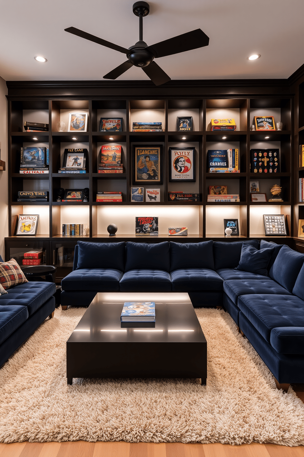 A modern game room featuring custom shelving designed to showcase a collection of vintage board games and memorabilia. The shelving is made of dark wood with integrated LED lighting to highlight the collectibles, creating a warm and inviting atmosphere. The game room includes a large sectional sofa in a rich navy fabric, perfect for lounging during game nights. A sleek, contemporary coffee table sits in the center, surrounded by a plush area rug that adds texture and comfort to the space.