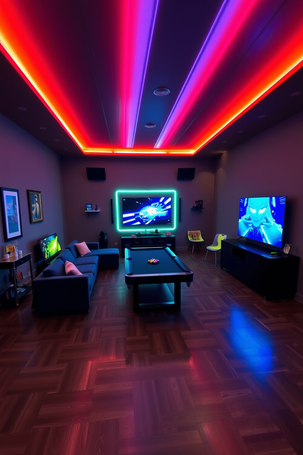 A spacious game room designed for entertainment, featuring LED lighting strips integrated into the ceiling and along the walls to create a vibrant atmosphere. The room includes a large sectional sofa in a deep navy color, a sleek pool table in the center, and a wall-mounted flat-screen TV for gaming and movie nights. The flooring is a polished dark wood, providing warmth and elegance to the space. Accent pieces like a contemporary bar cart and colorful gaming chairs add personality, while framed artwork and decorative shelves showcase gaming memorabilia.