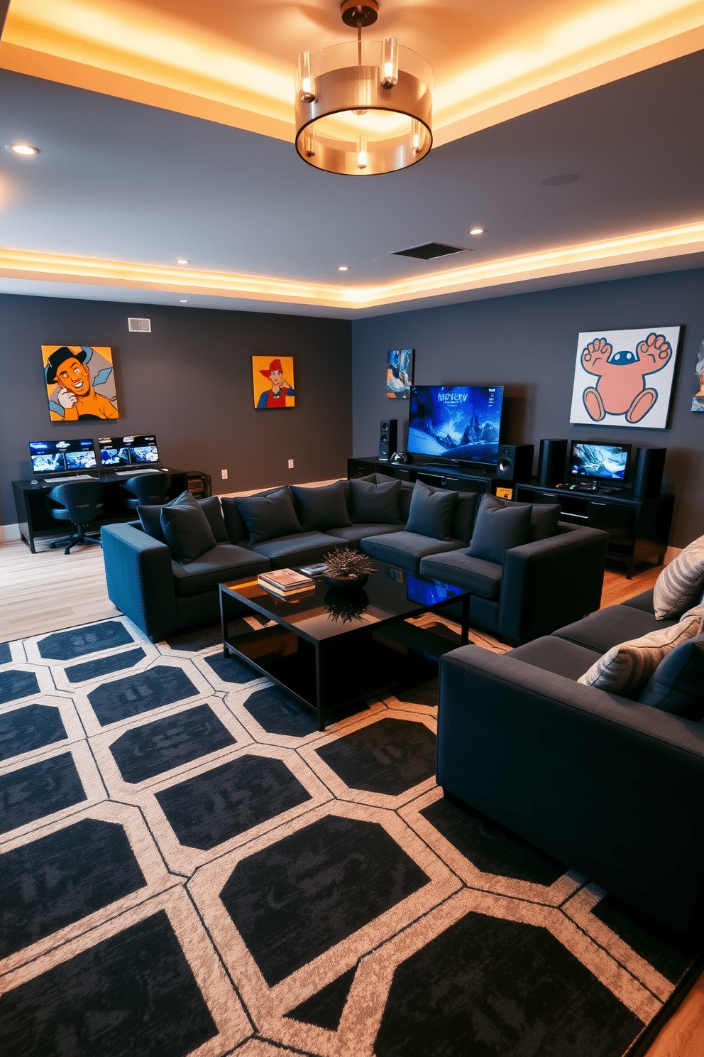 A spacious game room featuring a large area rug with a geometric pattern to define the gaming zone, creating a cozy and inviting atmosphere. The room is equipped with a sectional sofa in a rich navy color, facing a sleek entertainment center adorned with modern gaming consoles and accessories. Incorporated into the design are vibrant wall art pieces that reflect a playful theme, enhancing the overall ambiance. Soft lighting fixtures hang from the ceiling, casting a warm glow over the area, while a stylish coffee table sits at the center, perfect for snacks and drinks during gaming sessions.